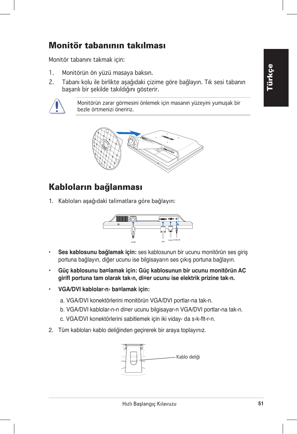 Kablolar›n ba¤lanmas, Monitör tabanının takılması, Türkçe | Asus VB172T User Manual | Page 53 / 102