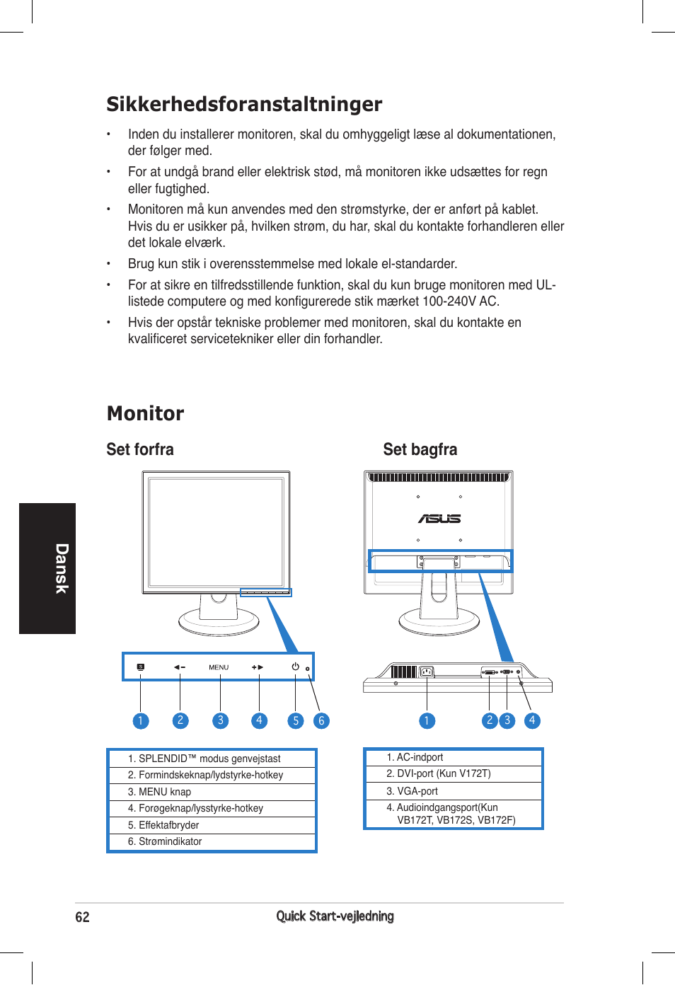 Sikkerhedsforanstaltninger, Monitor, Dansk | Set forfra set bagfra | Asus VB172T User Manual | Page 64 / 102