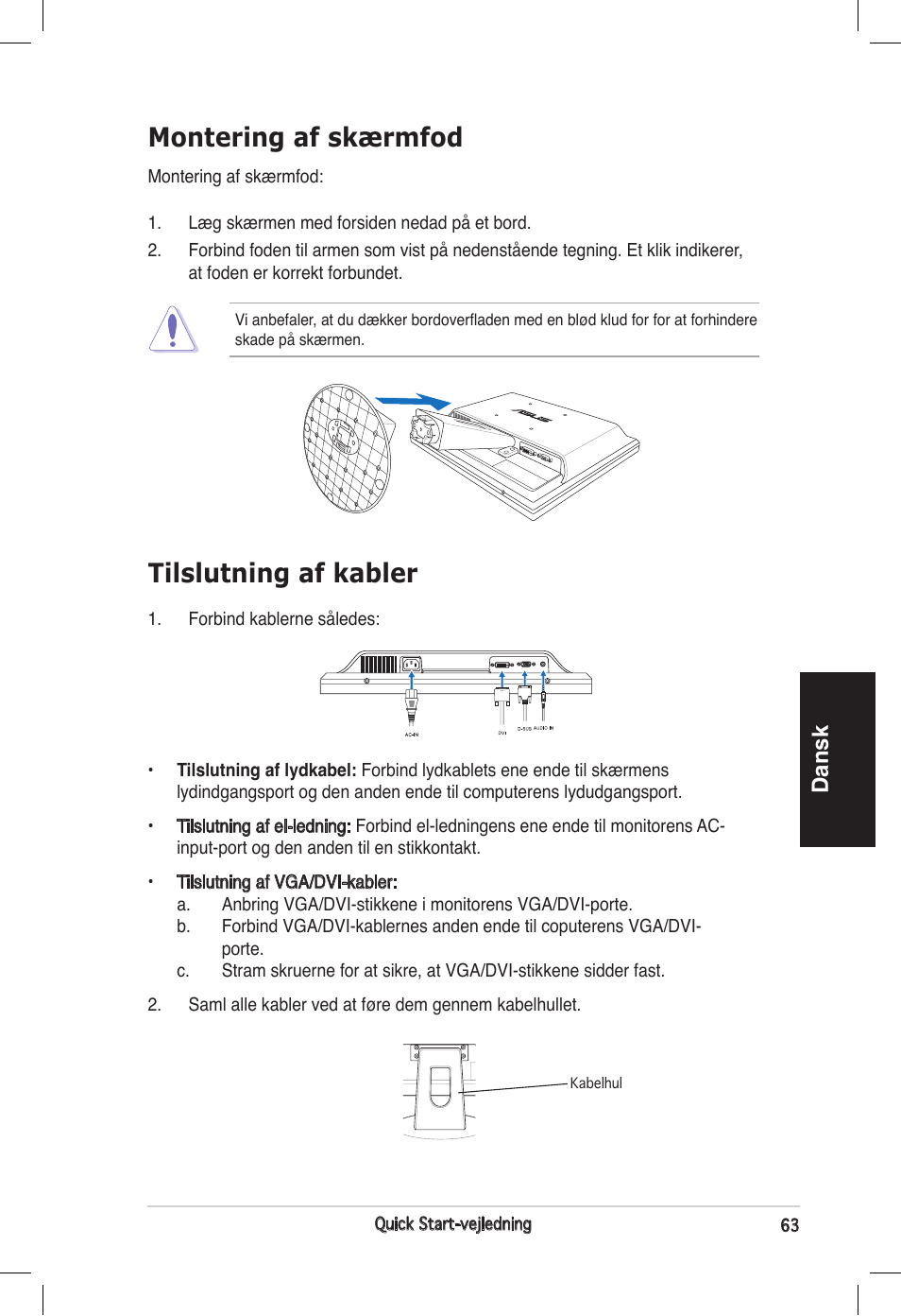 Tilslutning af kabler, Montering af skærmfod, Dansk | Asus VB172T User Manual | Page 65 / 102