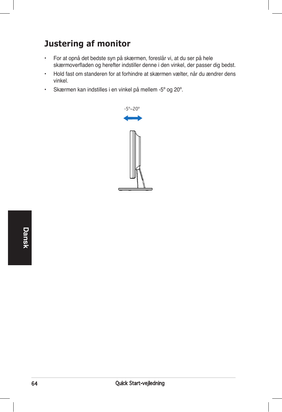 Justering af monitor, Dansk | Asus VB172T User Manual | Page 66 / 102