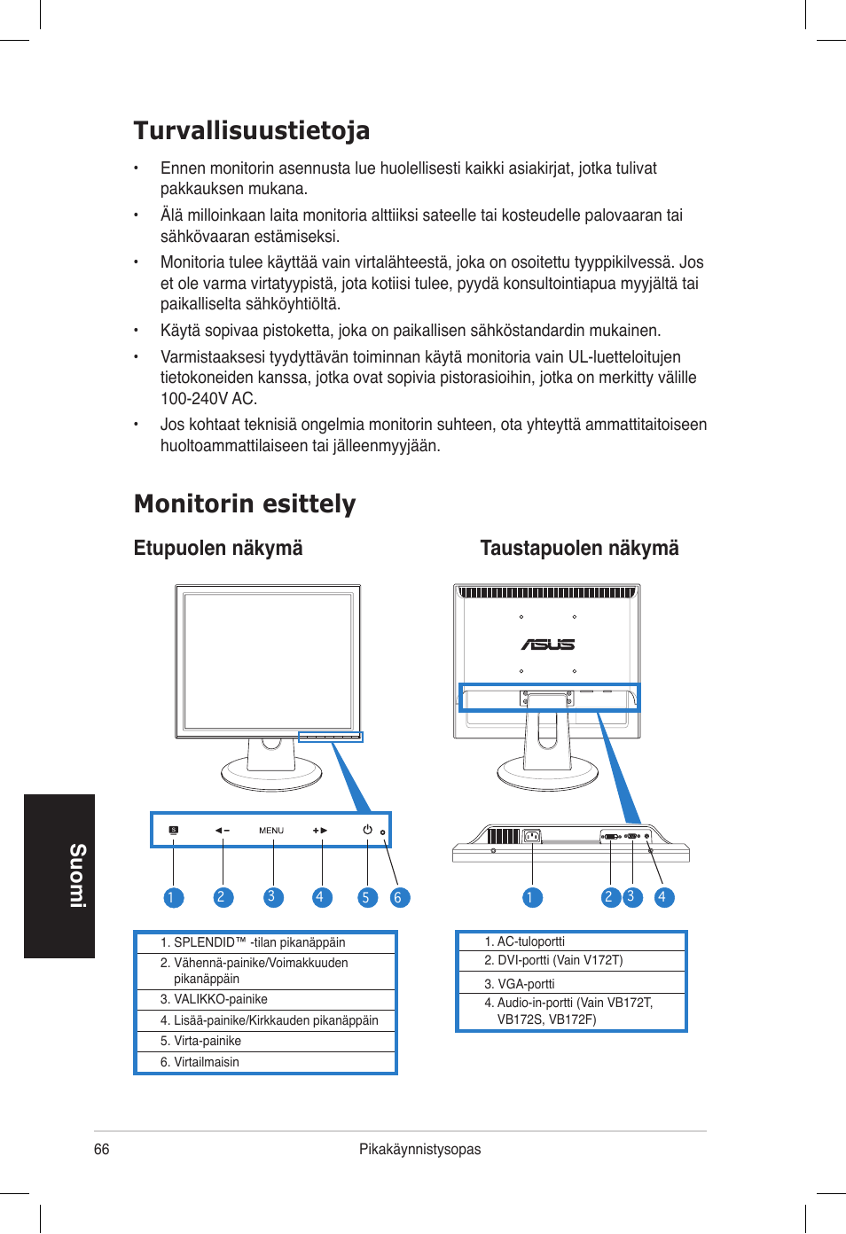 Turvallisuustietoja, Monitorin esittely, Suomi | Etupuolen näkymä taustapuolen näkymä | Asus VB172T User Manual | Page 68 / 102