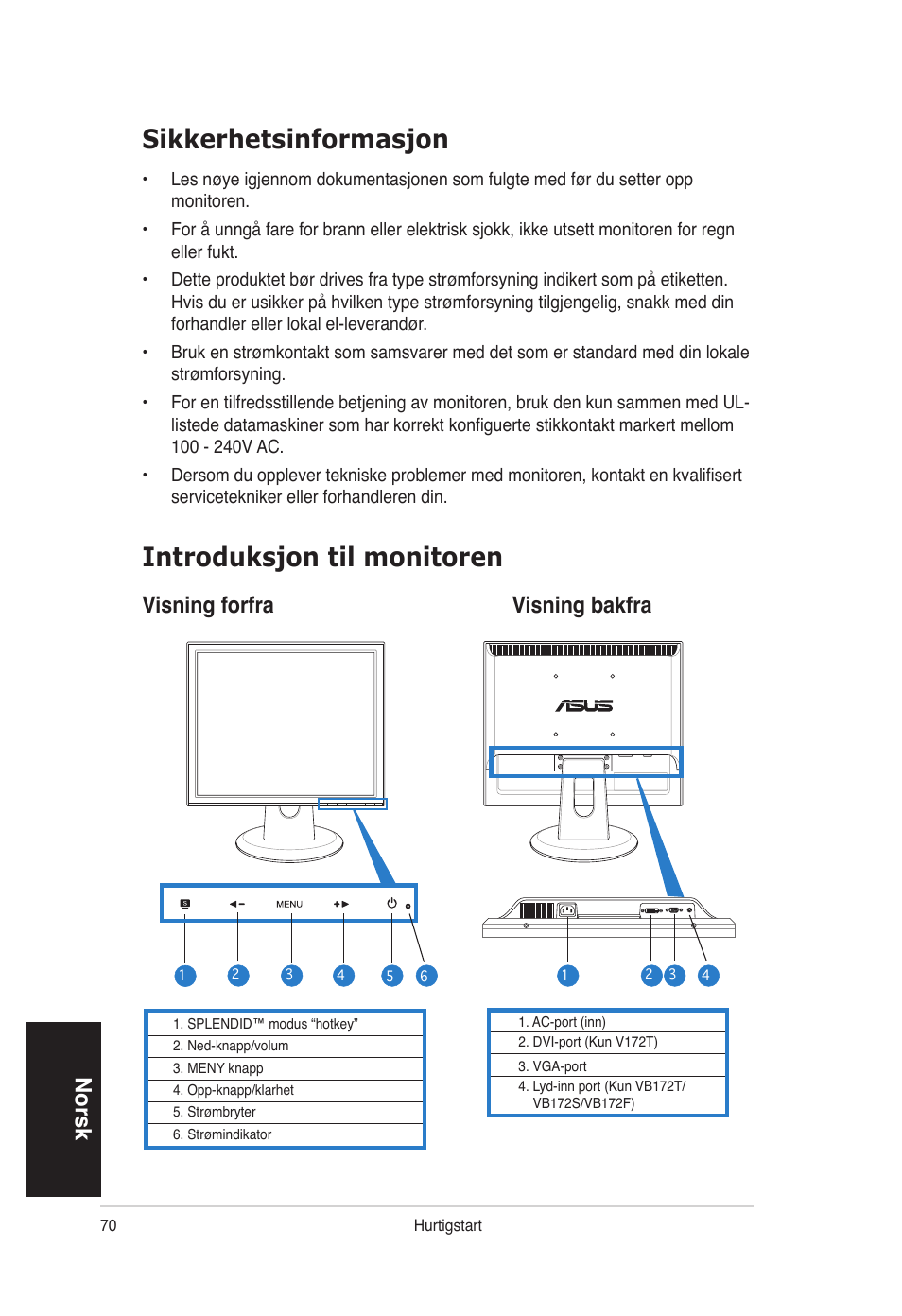 Sikkerhetsinformasjon, Introduksjon til monitoren, Norsk | Visning forfra visning bakfra | Asus VB172T User Manual | Page 72 / 102