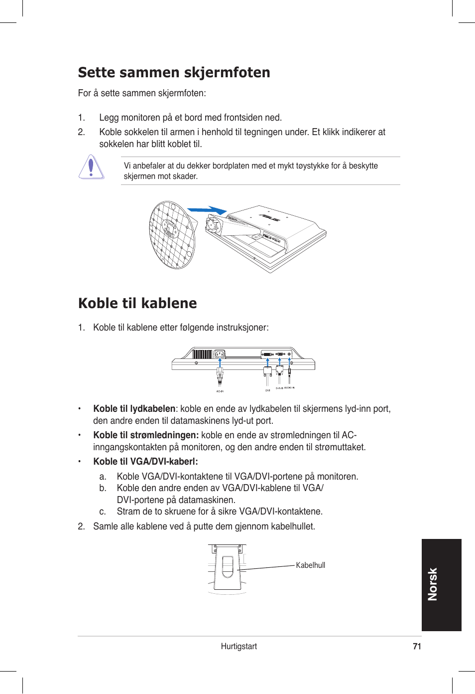 Koble til kablene, Sette sammen skjermfoten, Norsk | Asus VB172T User Manual | Page 73 / 102