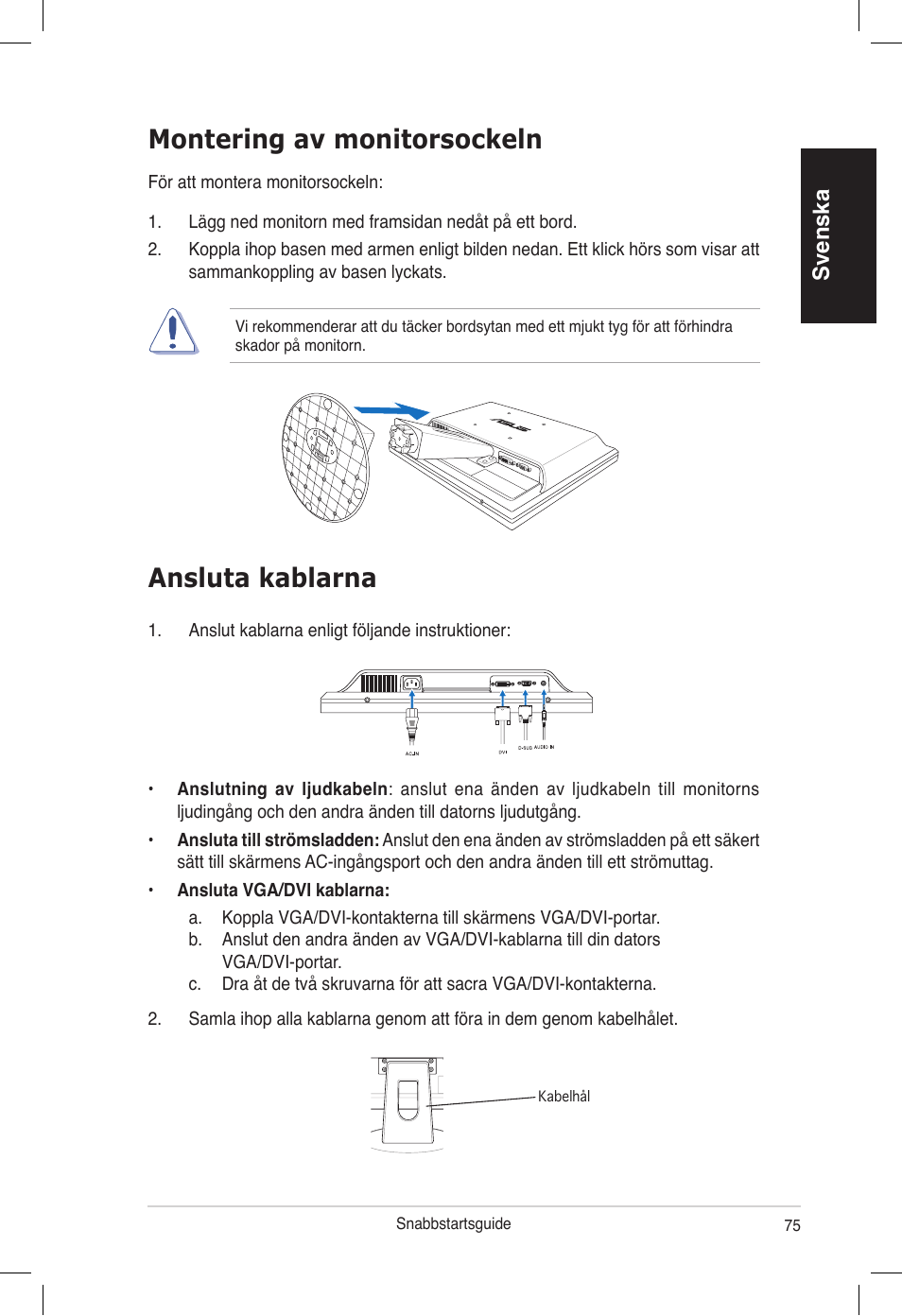 Ansluta kablarna, Montering av monitorsockeln, Svenska | Asus VB172T User Manual | Page 77 / 102