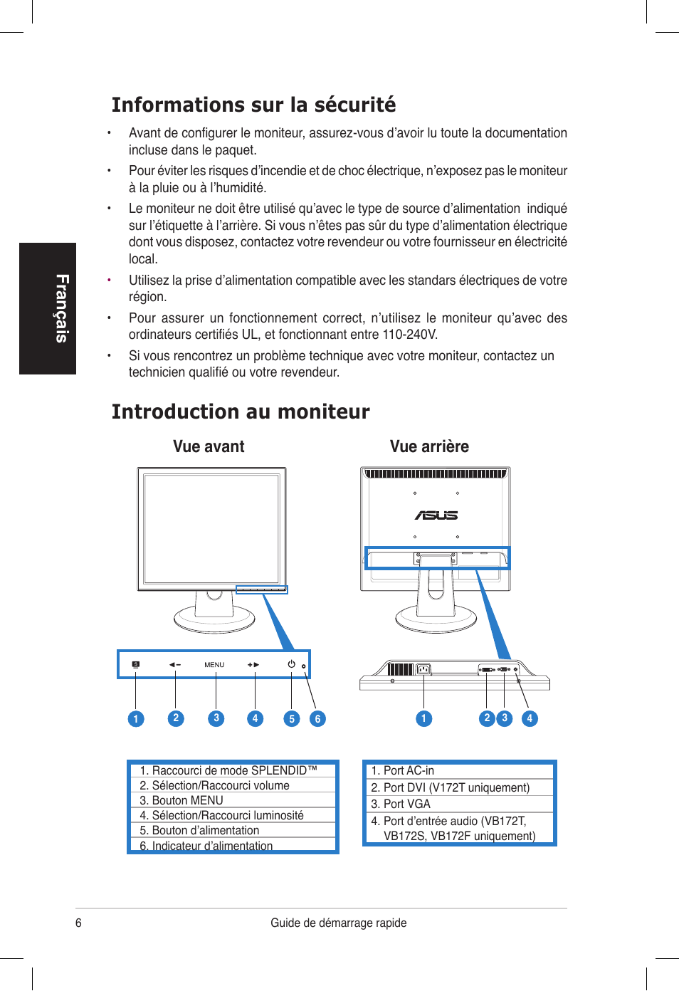 Informations sur la sécurité, Introduction au moniteur, Français | Vue avant vue arrière | Asus VB172T User Manual | Page 8 / 102