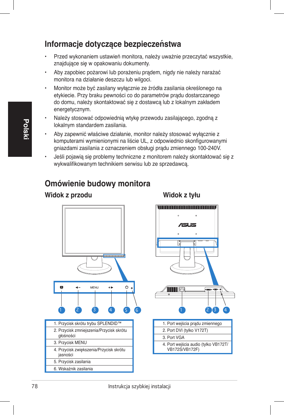 Informacje dotyczące bezpieczeństwa, Omówienie budowy monitora, Polski | Widok z przodu widok z tyłu | Asus VB172T User Manual | Page 80 / 102