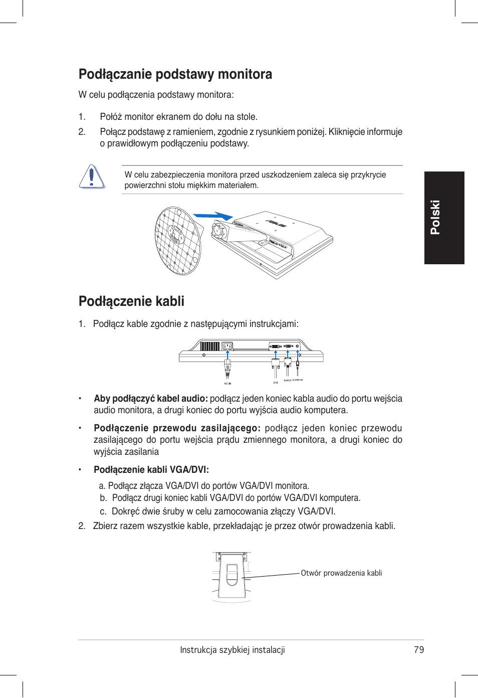 Podłączenie kabli, Podłączanie podstawy monitora, Polski | Asus VB172T User Manual | Page 81 / 102