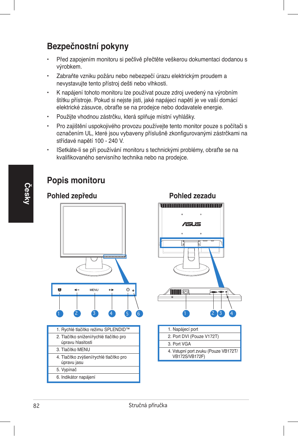 Bezpečnostní pokyny, Popis monitoru, Česky | Pohled zepředu pohled zezadu | Asus VB172T User Manual | Page 84 / 102