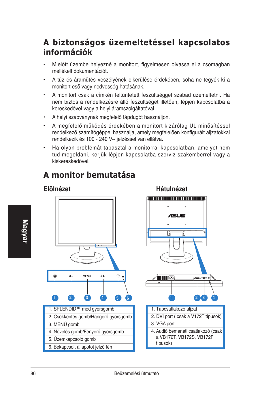 A monitor bemutatása, Magyar, Elölnézet hátulnézet | Asus VB172T User Manual | Page 88 / 102