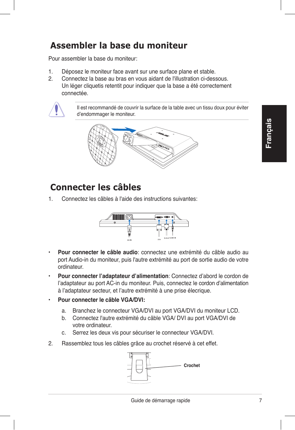 Connecter les câbles assembler la base du moniteur, Français | Asus VB172T User Manual | Page 9 / 102