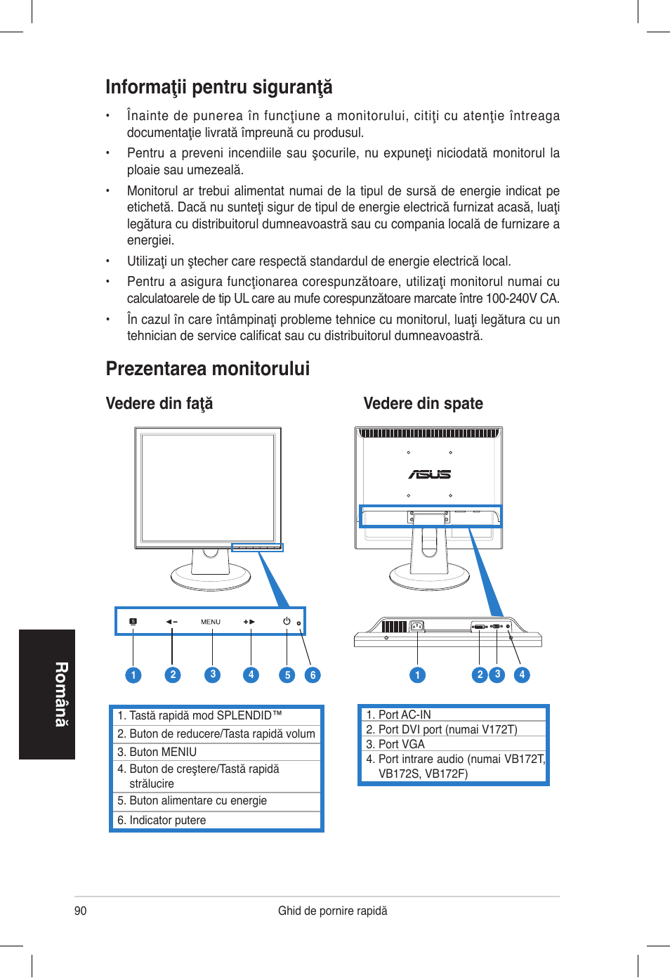 Informaţii pentru siguranţă, Prezentarea monitorului, Română | Vedere din faţă vedere din spate | Asus VB172T User Manual | Page 92 / 102