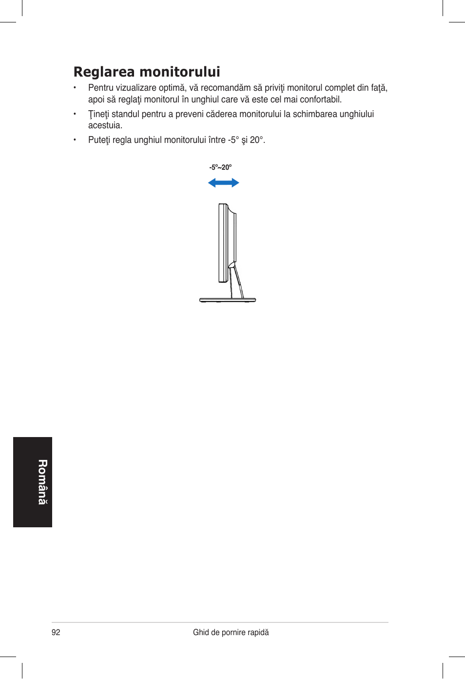 Reglarea monitorului, Română | Asus VB172T User Manual | Page 94 / 102