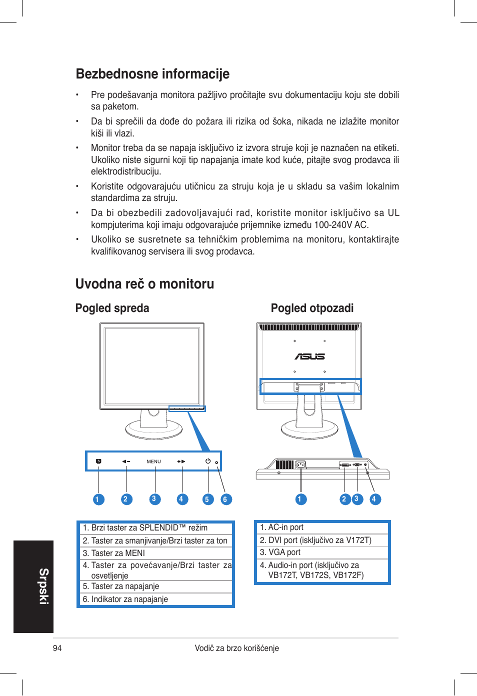Bezbednosne informacije, Uvodna reč o monitoru, Srpski | Pogled spreda pogled otpozadi | Asus VB172T User Manual | Page 96 / 102