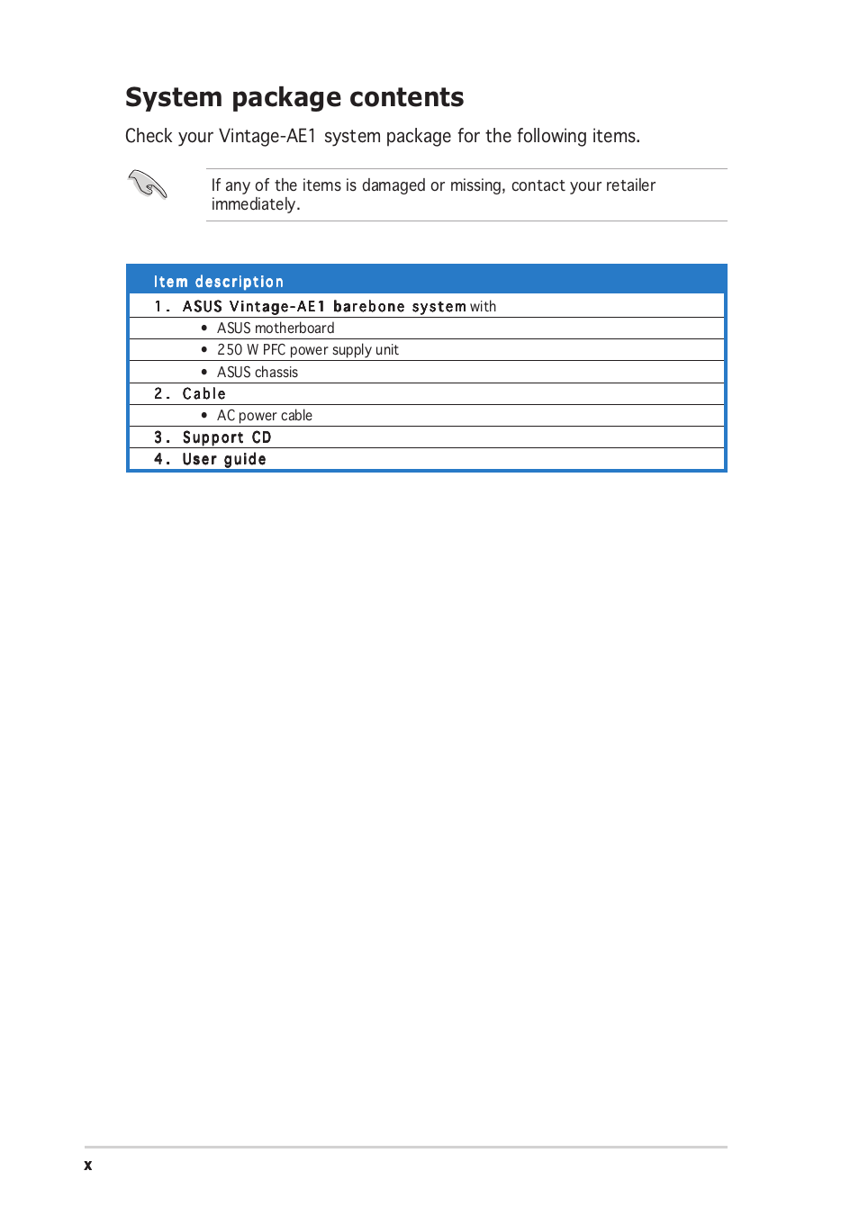 System package contents | Asus Vintage-AE1 User Manual | Page 10 / 96