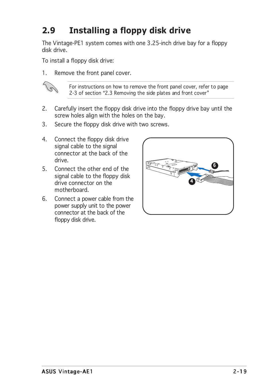 9 installing a floppy disk drive | Asus Vintage-AE1 User Manual | Page 37 / 96