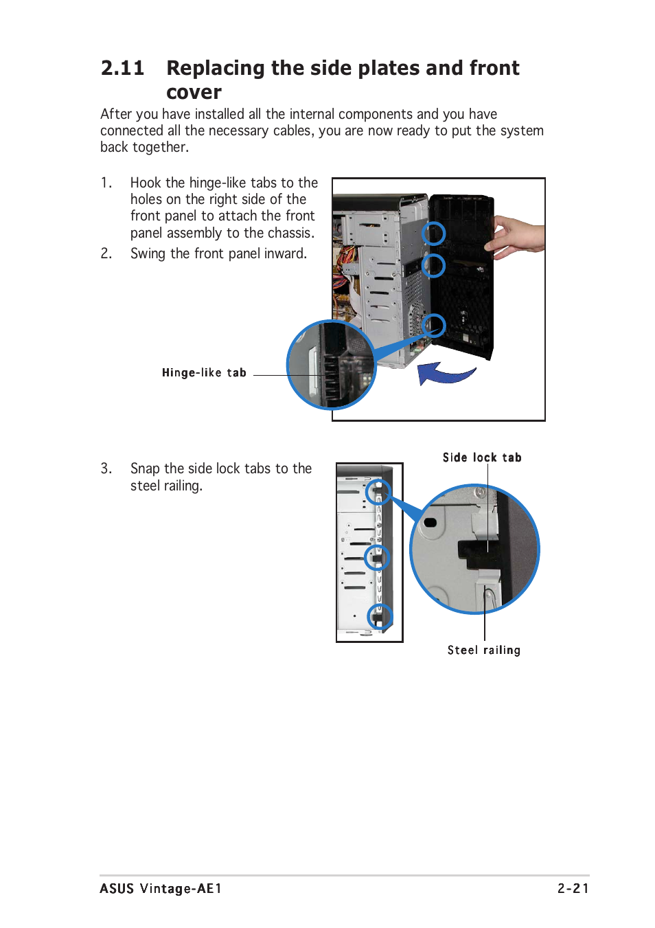 11 replacing the side plates and front cover | Asus Vintage-AE1 User Manual | Page 39 / 96