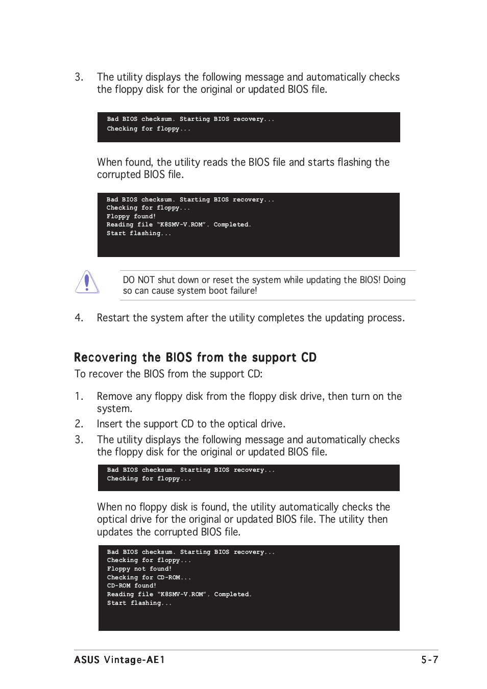 Recovering the bios from the support cd | Asus Vintage-AE1 User Manual | Page 67 / 96