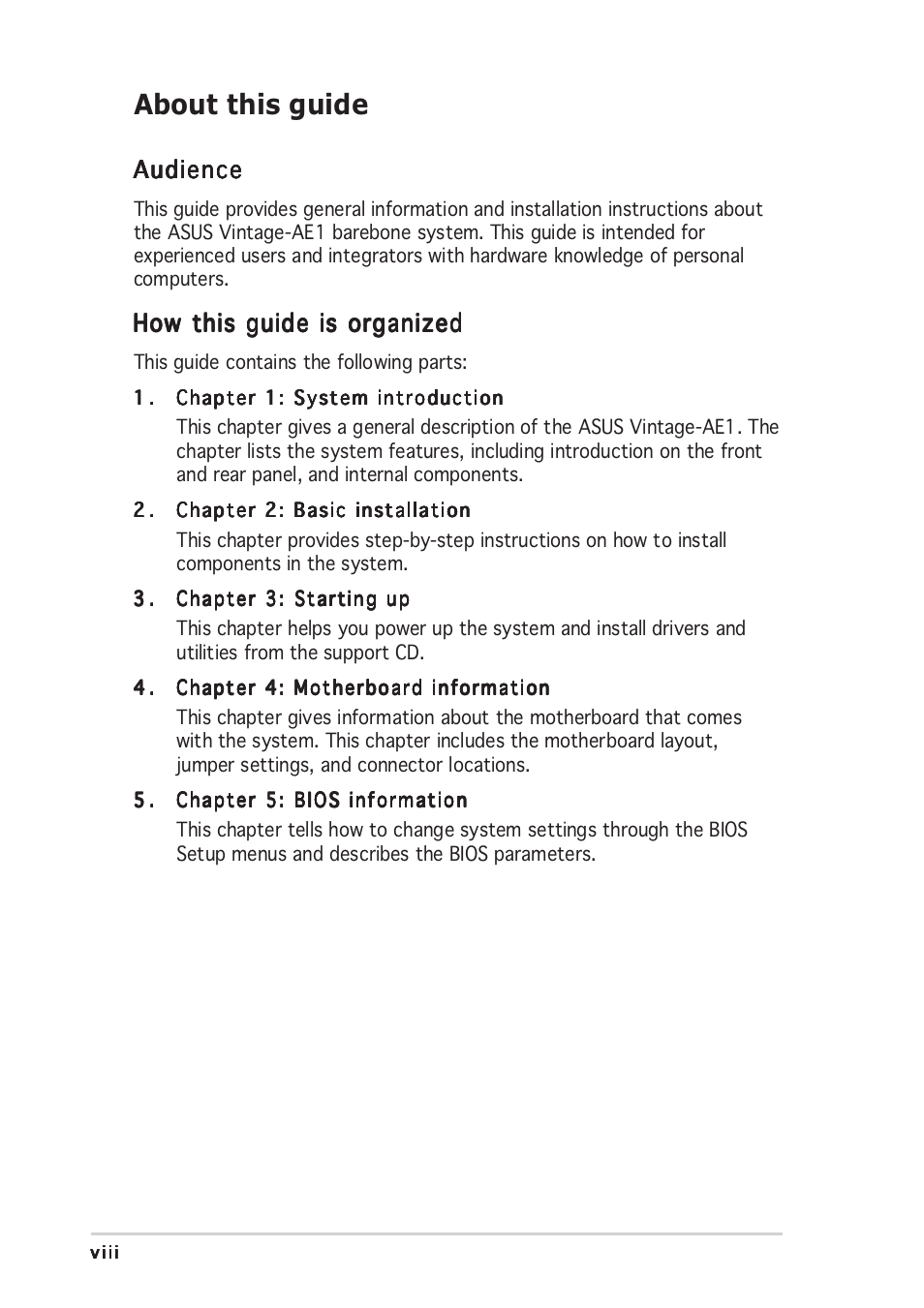 About this guide, Audience, How this guide is organized | Asus Vintage-AE1 User Manual | Page 8 / 96