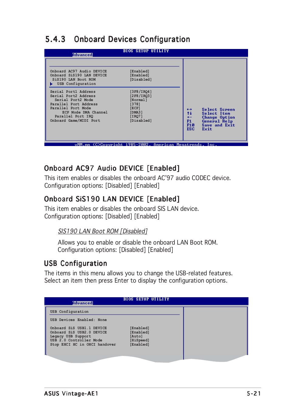 Onboard ac97 audio device [enabled, Onboard sis190 lan device [enabled, Usb configuration | Asus Vintage-AE1 User Manual | Page 81 / 96