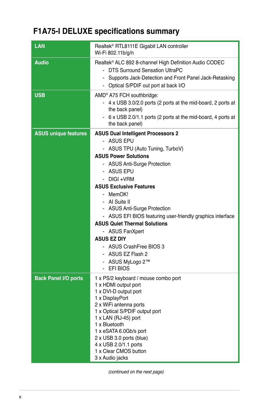 F1a75-i deluxe specifications summary | Asus F1A75-I DELUXE User Manual | Page 10 / 76