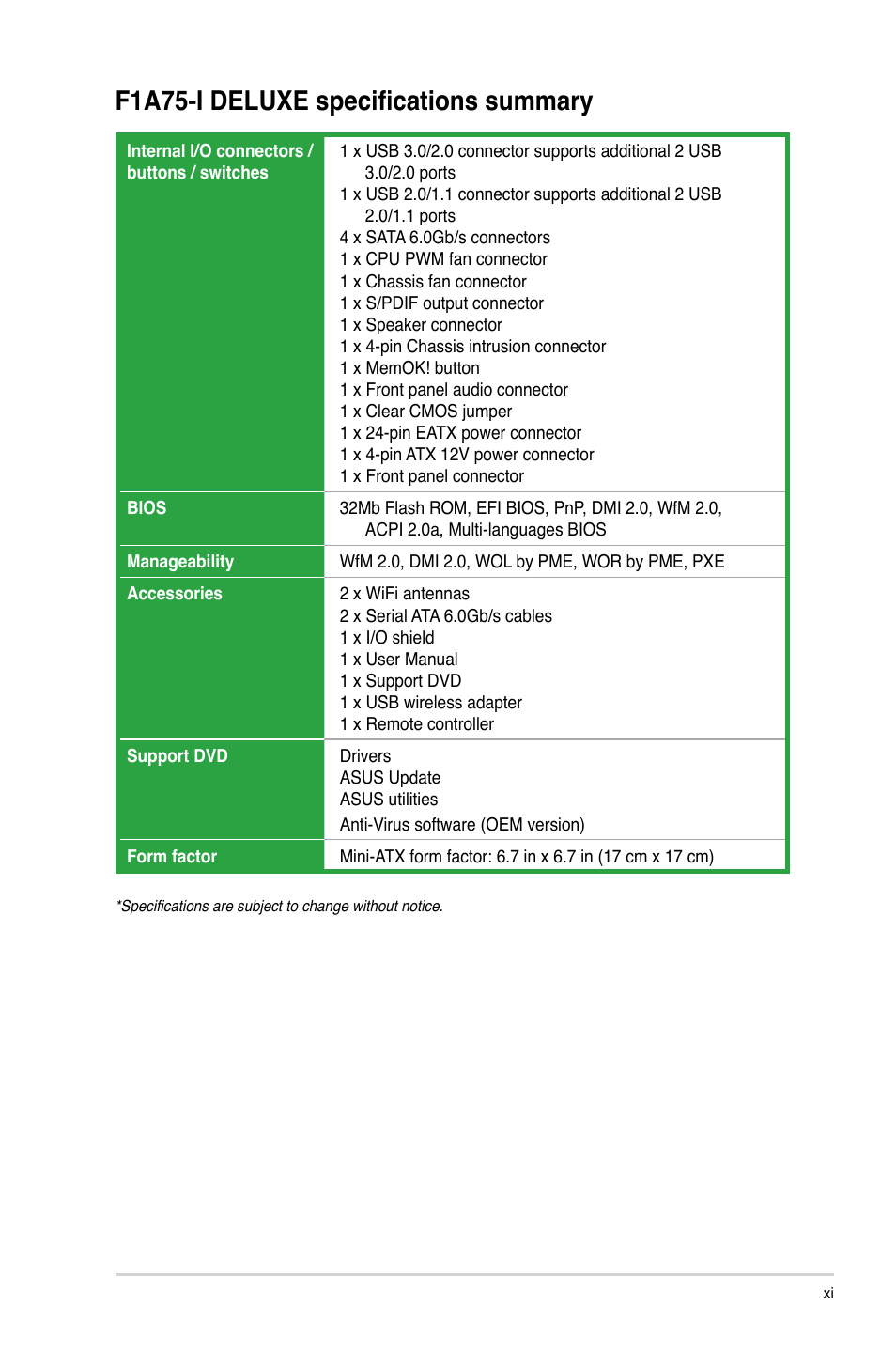 F1a75-i deluxe specifications summary | Asus F1A75-I DELUXE User Manual | Page 11 / 76
