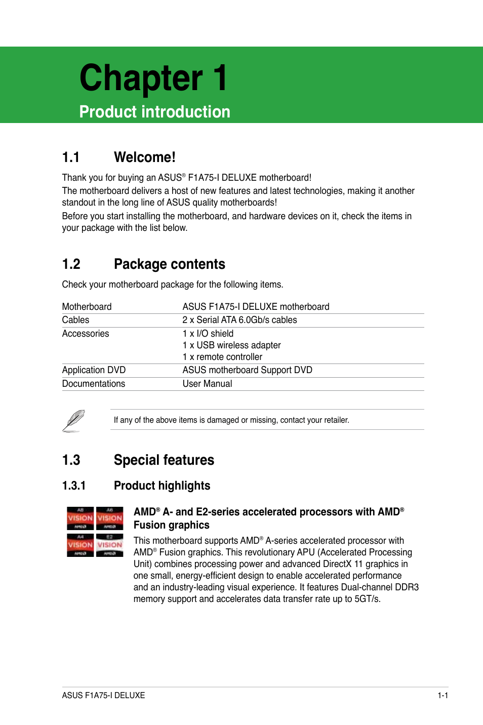 Chapter 1, Product introduction, 2 package contents | 3 special features, 1 welcome | Asus F1A75-I DELUXE User Manual | Page 13 / 76