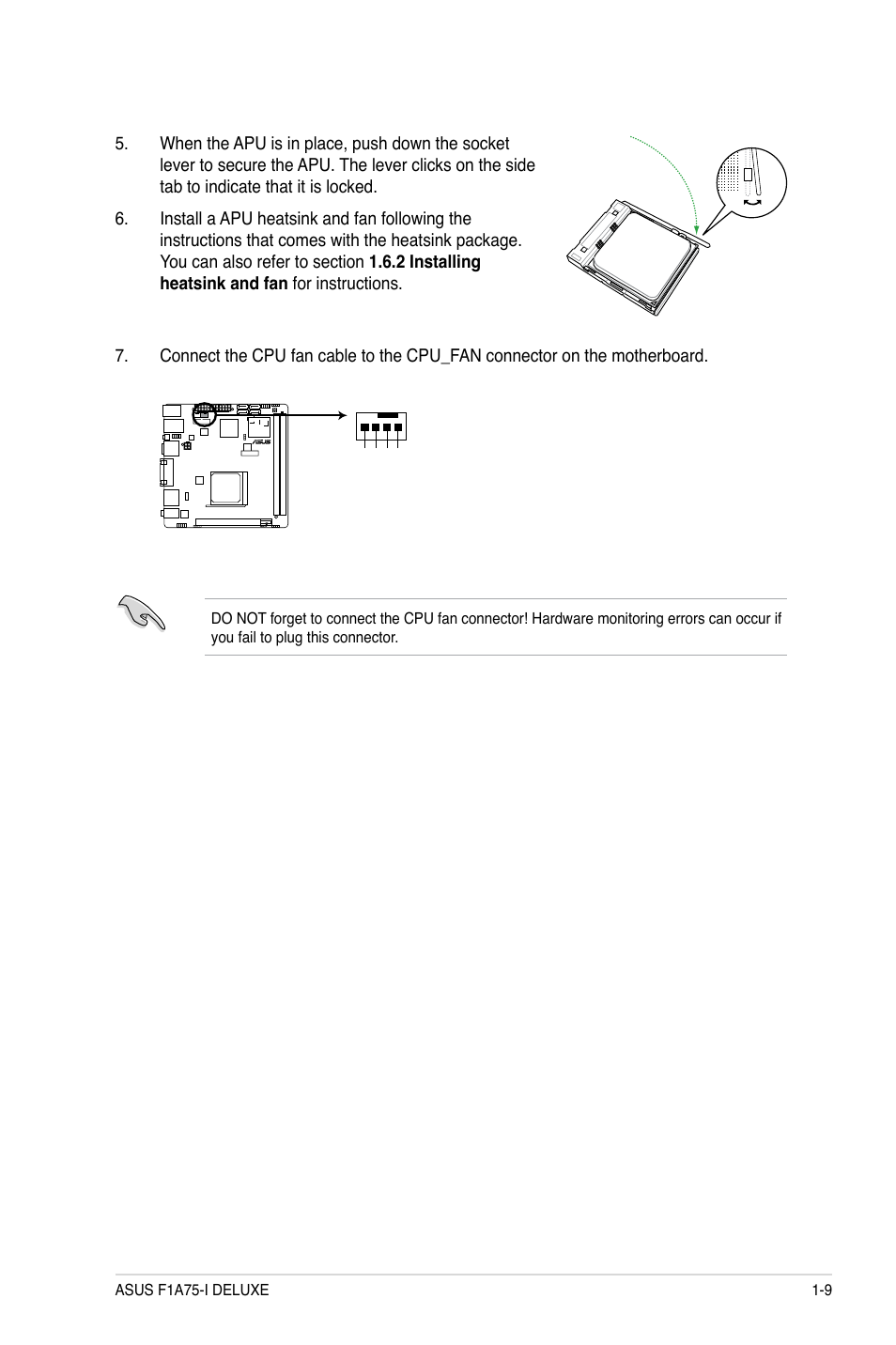 F1a75-i deluxe cpu fan connector | Asus F1A75-I DELUXE User Manual | Page 21 / 76