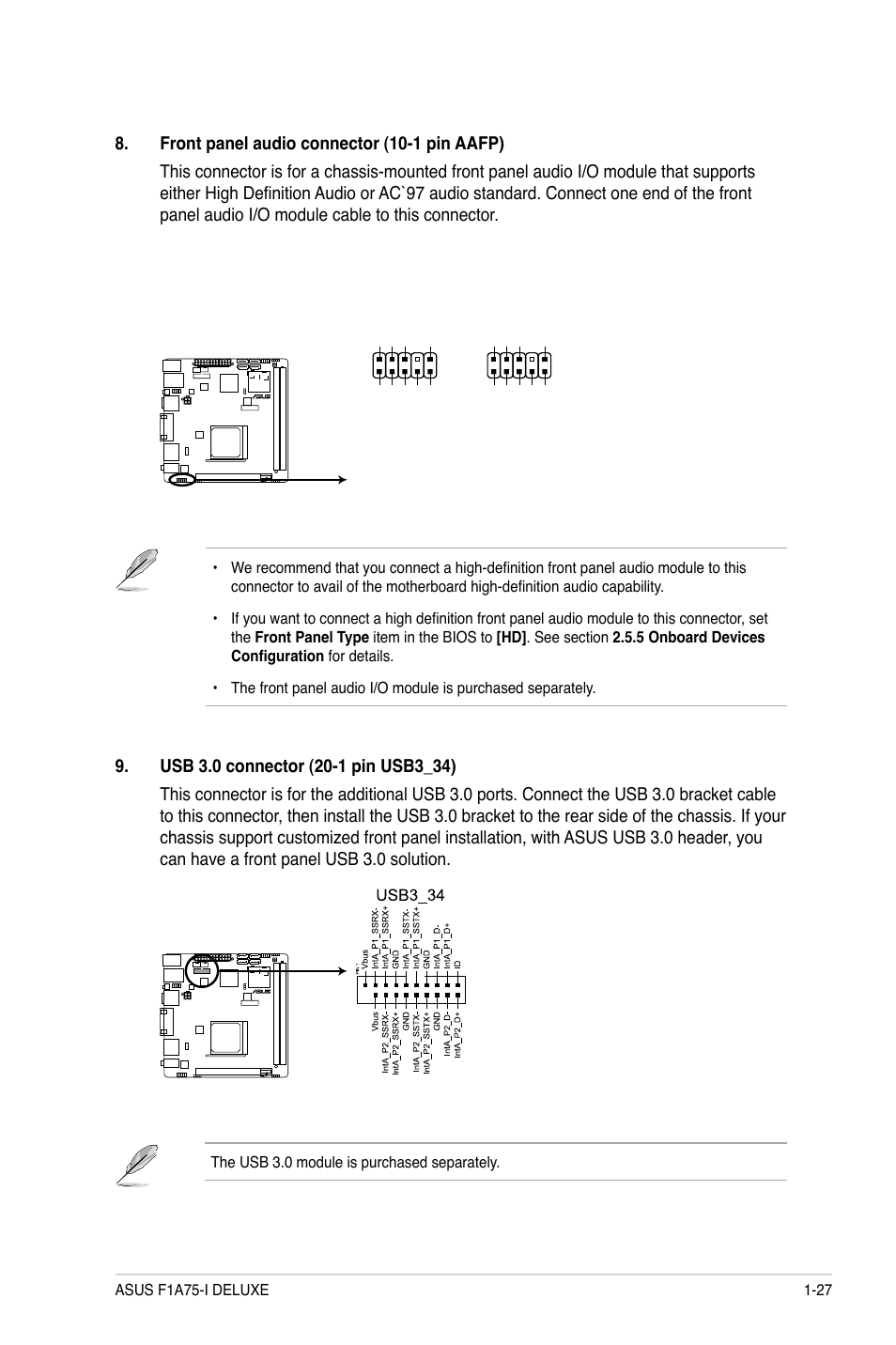 F1a75-i deluxe front panel audio connector | Asus F1A75-I DELUXE User Manual | Page 39 / 76