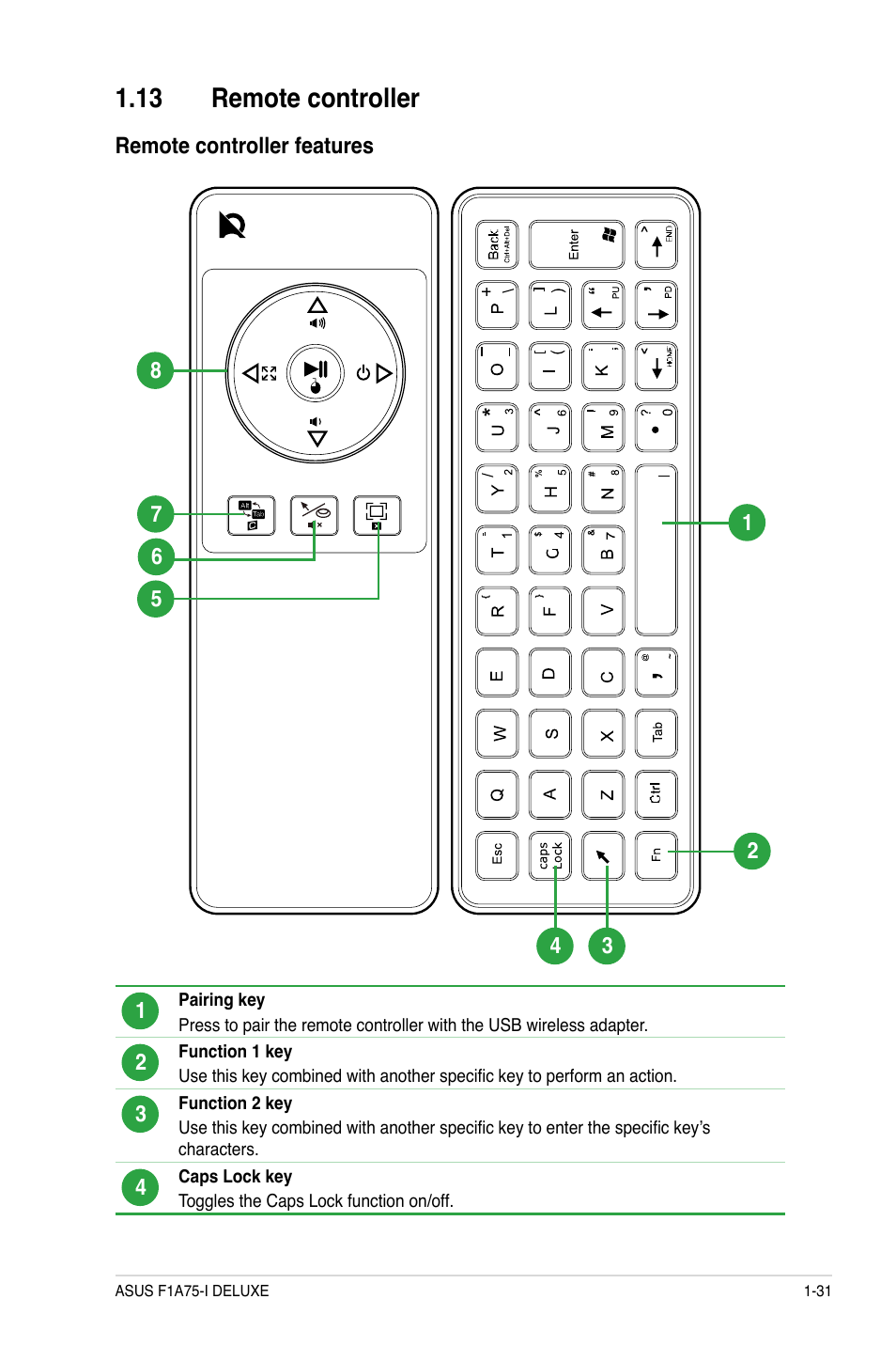 13 remote controller, Remote controller features | Asus F1A75-I DELUXE User Manual | Page 43 / 76