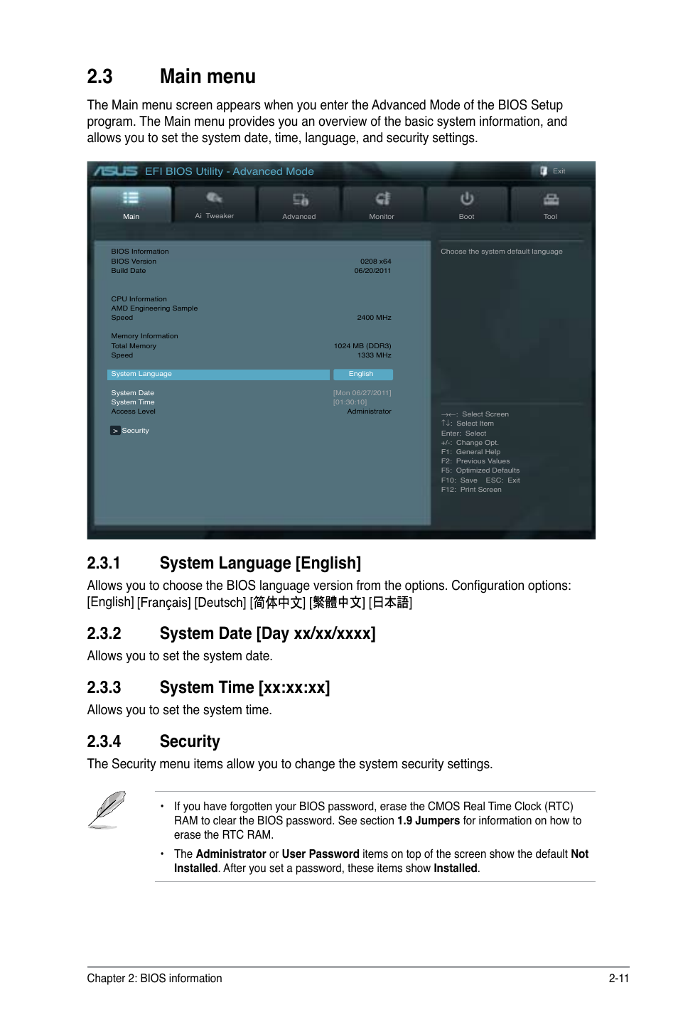 3 main menu, 1 system language [english, 3 system time [xx:xx:xx | 4 security, Allows you to set the system date, Allows you to set the system time | Asus F1A75-I DELUXE User Manual | Page 57 / 76