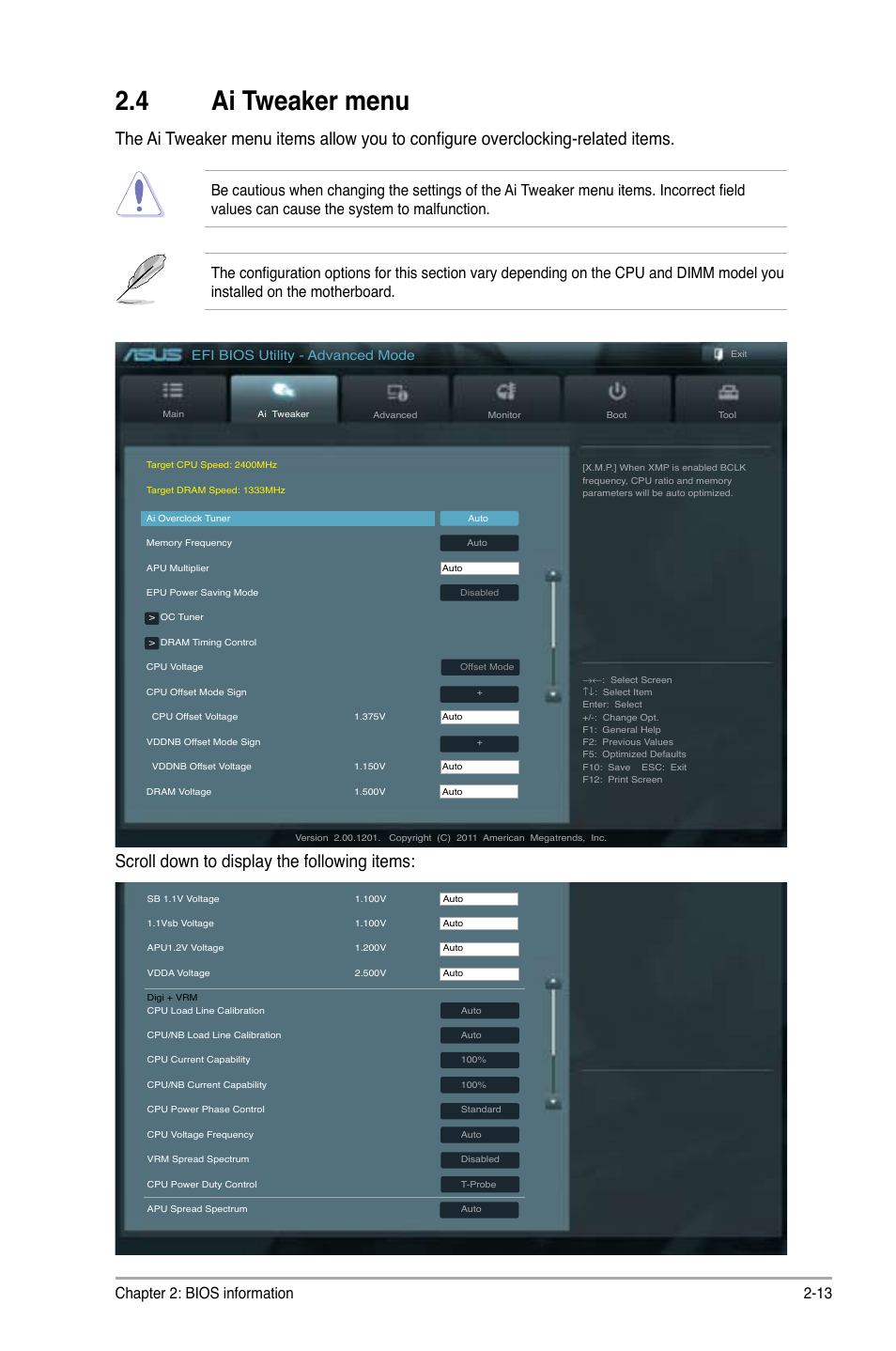 4 ai tweaker menu, Scroll down to display the following items, Chapter 2: bios information 2-13 | Efi bios utility - advanced mode | Asus F1A75-I DELUXE User Manual | Page 59 / 76