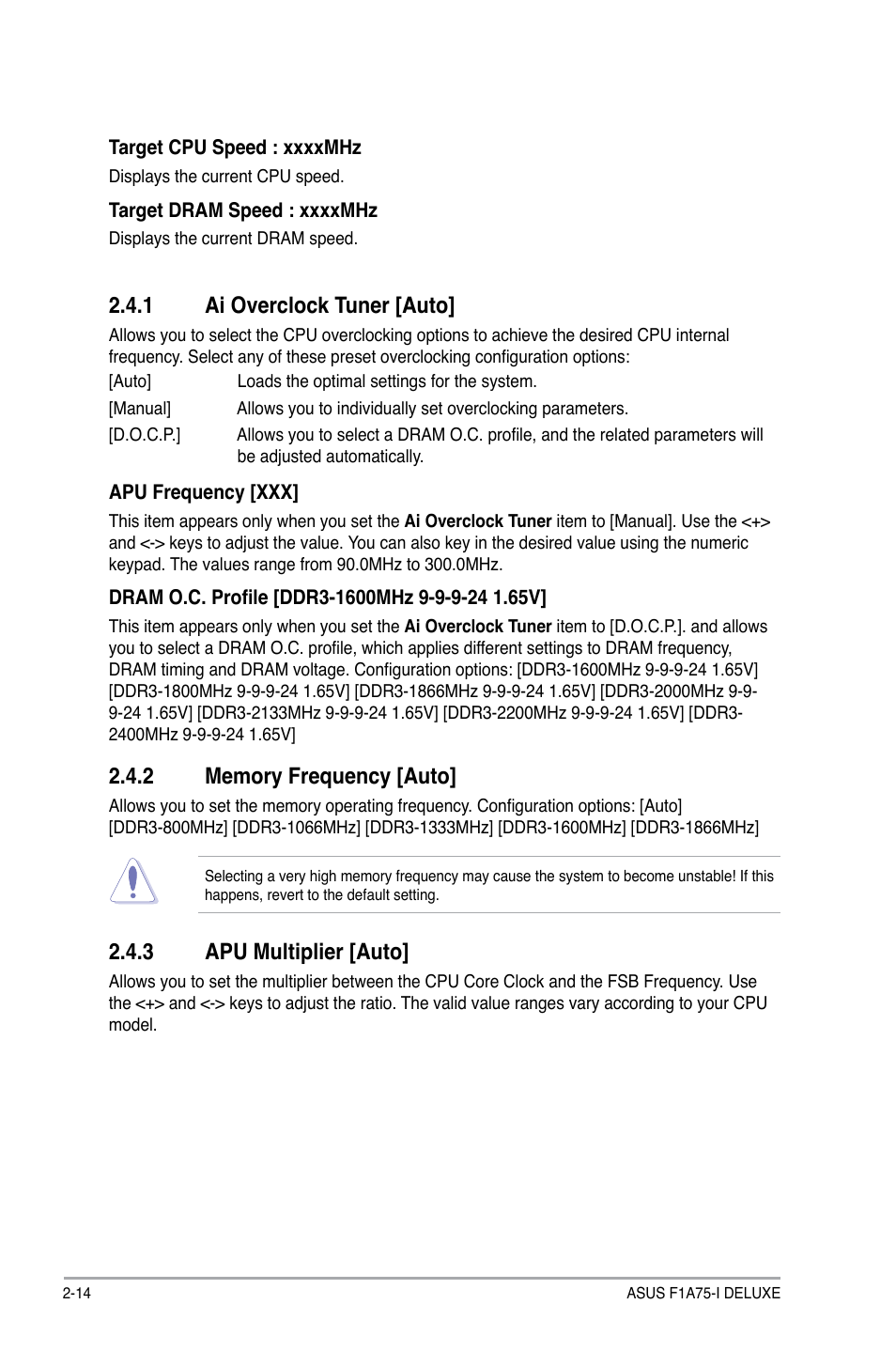 1 ai overclock tuner [auto, 3 apu multiplier [auto | Asus F1A75-I DELUXE User Manual | Page 60 / 76