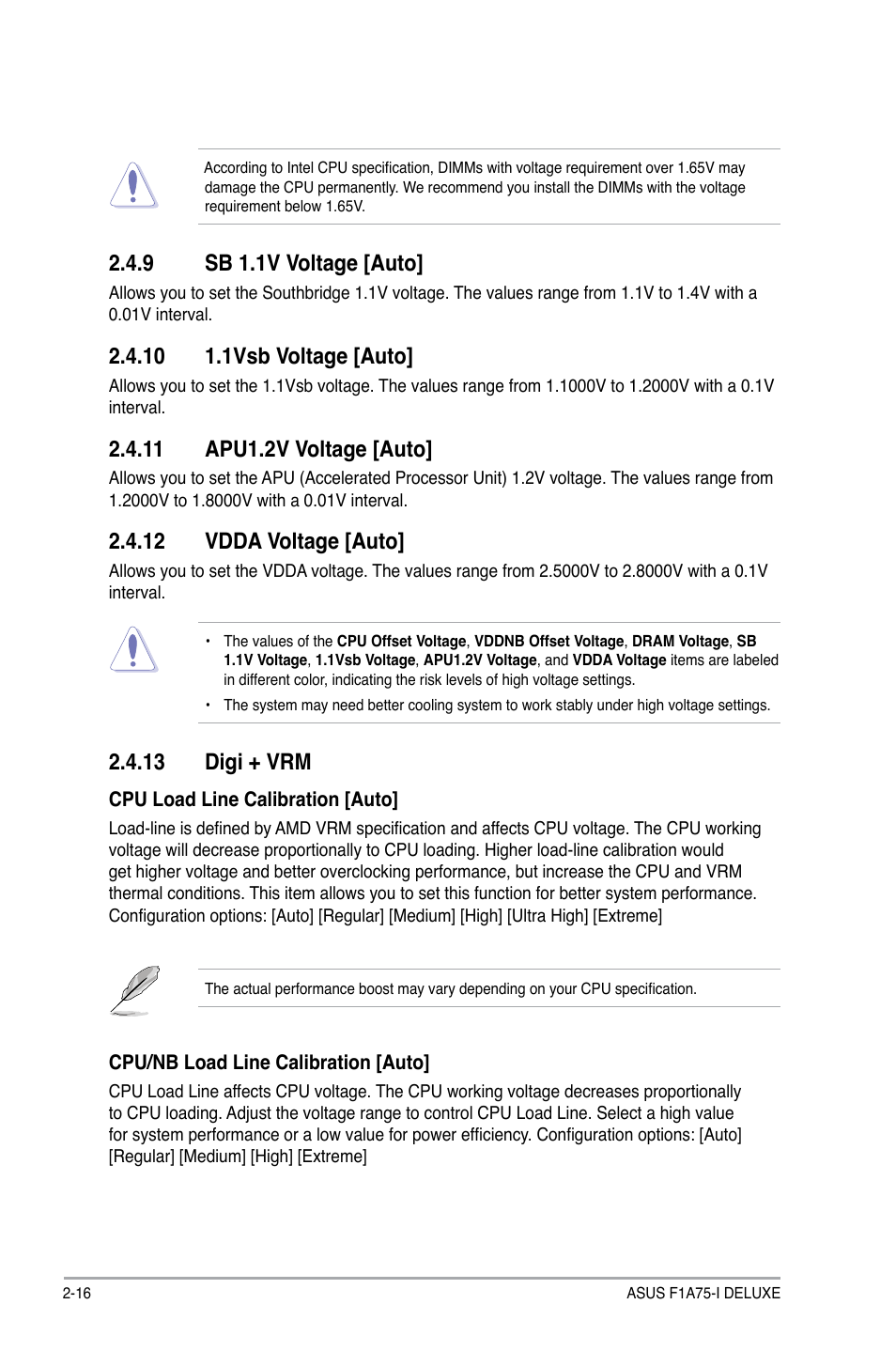 9 sb 1.1v voltage [auto, 10 1.1vsb voltage [auto, 11 apu1.2v voltage [auto | 12 vdda voltage [auto, 13 digi + vrm | Asus F1A75-I DELUXE User Manual | Page 62 / 76