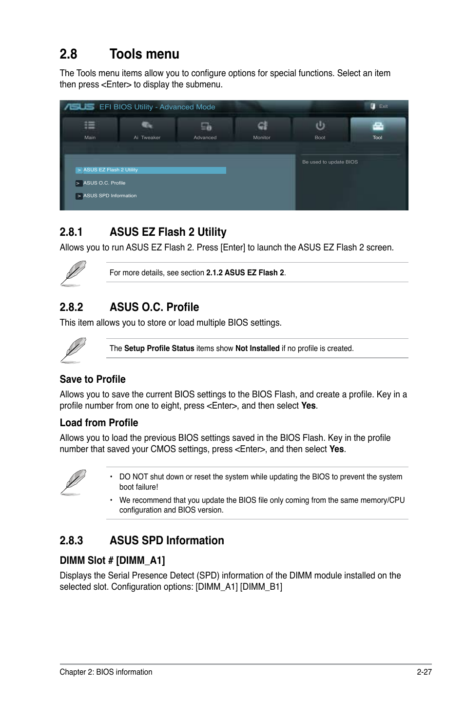8 tools menu, 1 asus ez flash 2 utility, 2 asus o.c. profile | 3 asus spd information, Save to profile, Load from profile, Dimm slot # [dimm_a1 | Asus F1A75-I DELUXE User Manual | Page 73 / 76