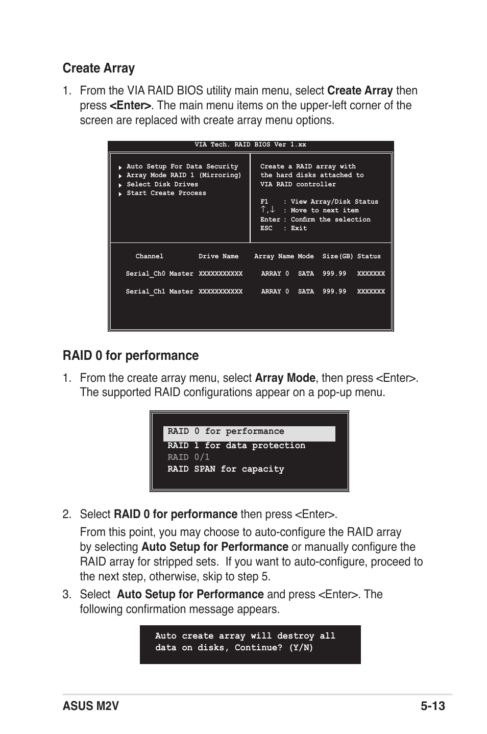 Create array, Raid 0 for performance, Asus m2v 5-13 | Asus M2V User Manual | Page 109 / 118