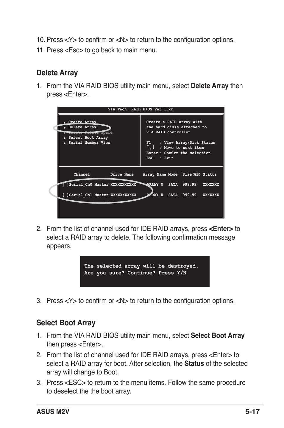 Delete array, Select boot array, Asus m2v 5-17 | Asus M2V User Manual | Page 113 / 118