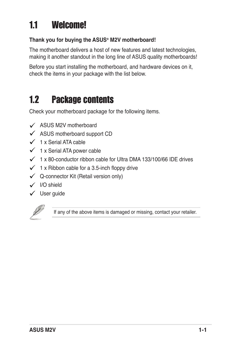 1 welcome, 2 package contents | Asus M2V User Manual | Page 15 / 118