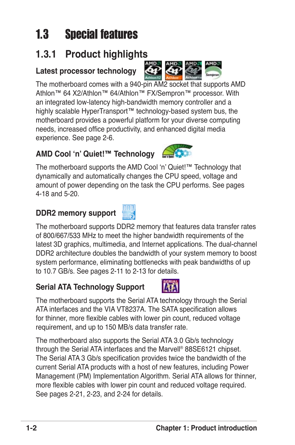 3 special features, 1 product highlights | Asus M2V User Manual | Page 16 / 118