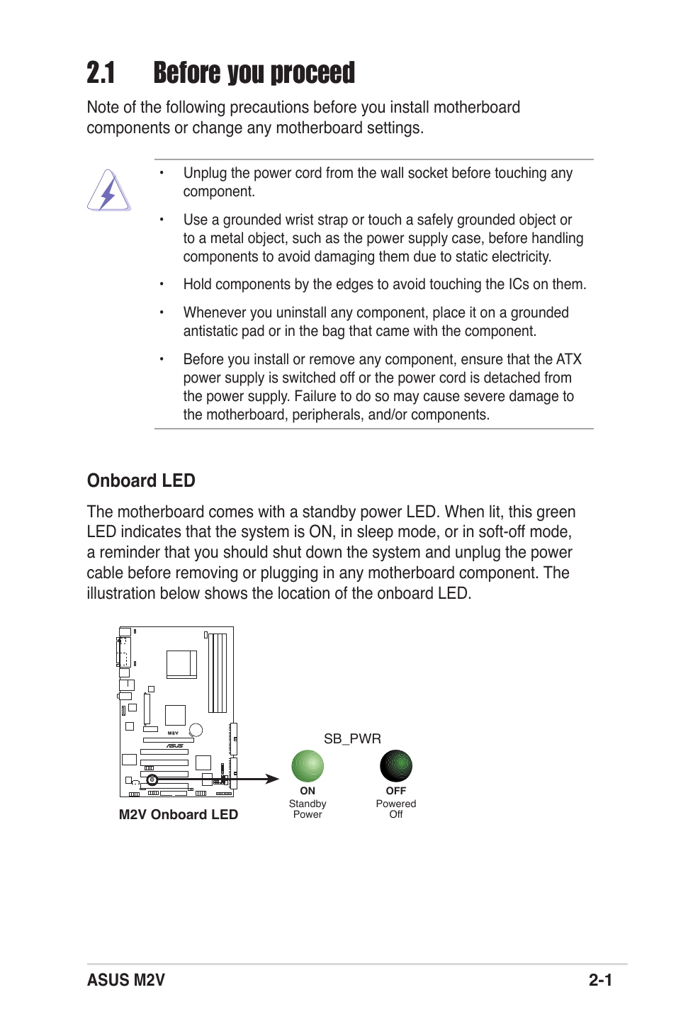 1 before you proceed, Onboard led | Asus M2V User Manual | Page 23 / 118