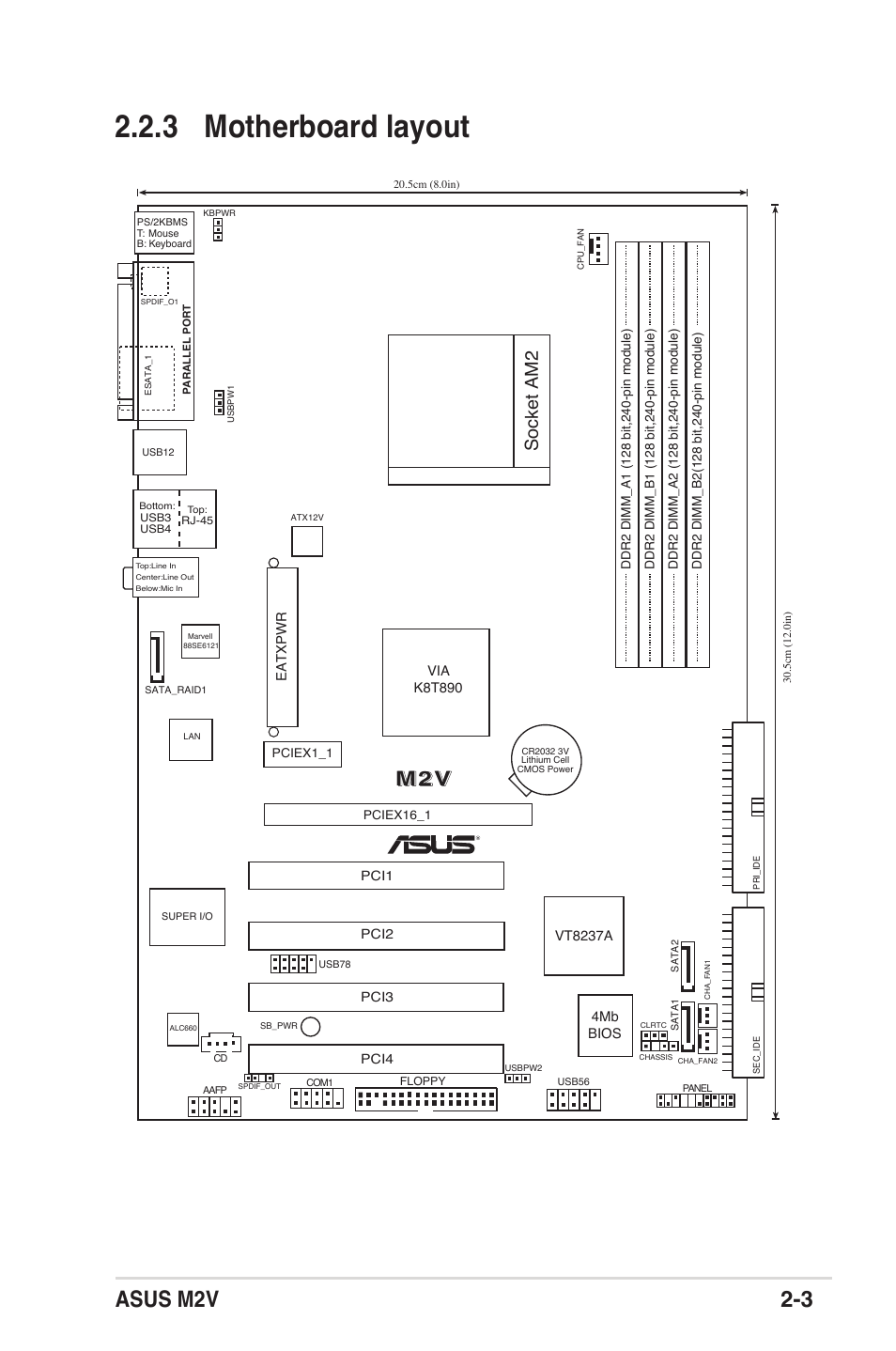 3 motherboard layout, Asus m2v 2-3, Socket am2 | Asus M2V User Manual | Page 25 / 118