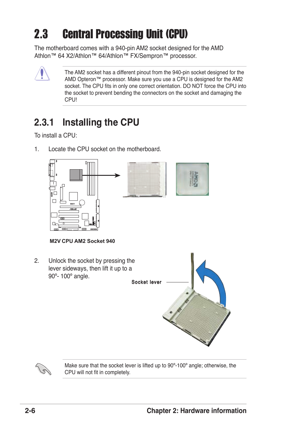 3 central processing unit (cpu), 1 installing the cpu | Asus M2V User Manual | Page 28 / 118