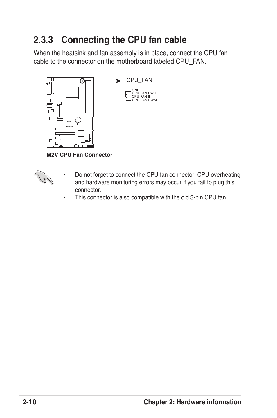 3 connecting the cpu fan cable, 10 chapter 2: hardware information | Asus M2V User Manual | Page 32 / 118