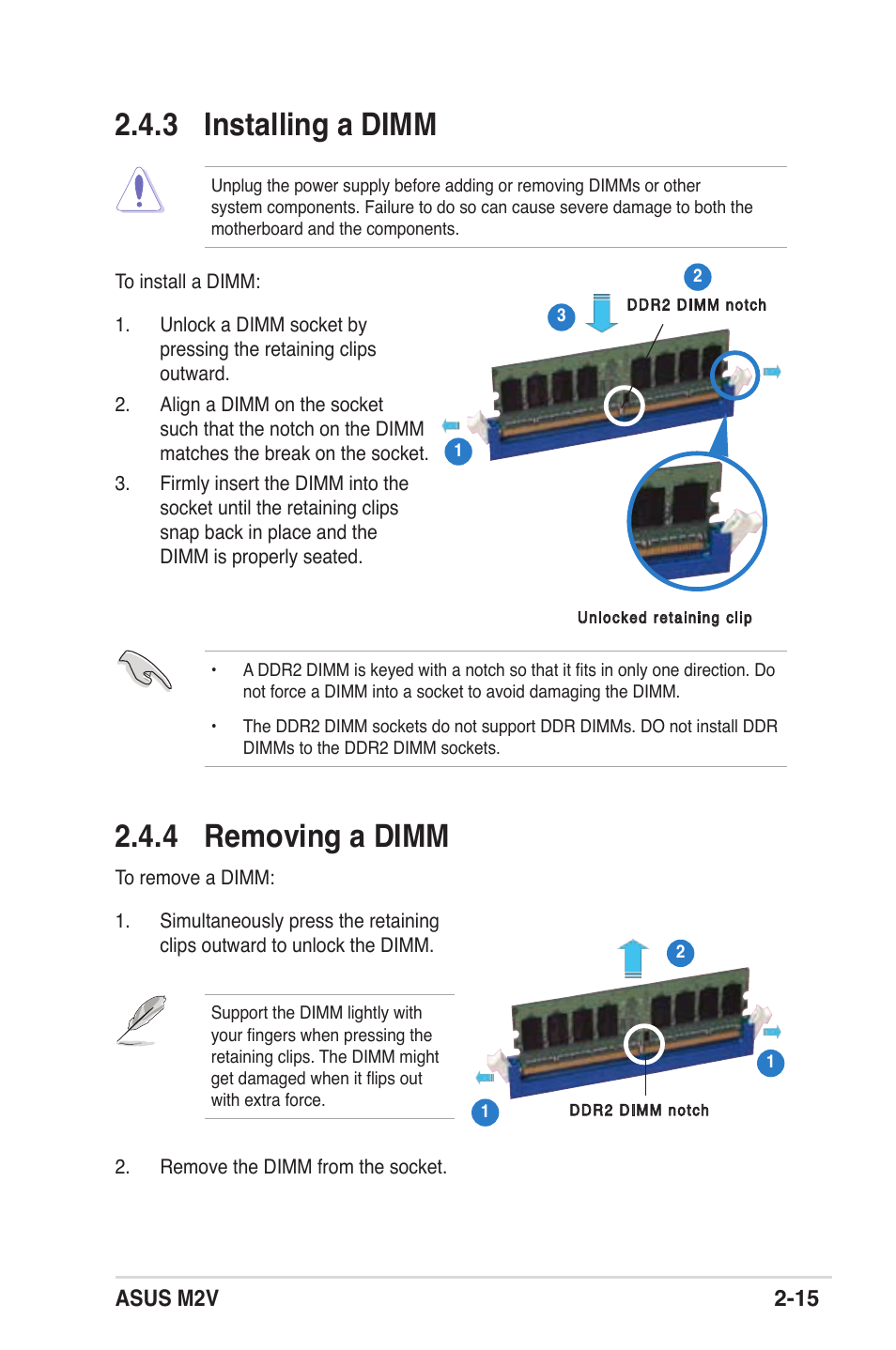 3 installing a dimm, 4 removing a dimm, Asus m2v 2-15 | Asus M2V User Manual | Page 37 / 118