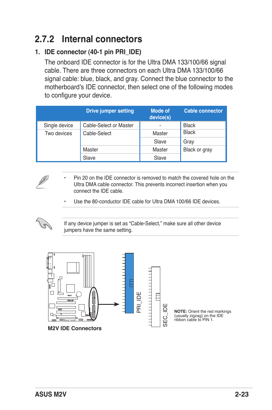 2 internal connectors, Asus m2v 2-23 | Asus M2V User Manual | Page 45 / 118