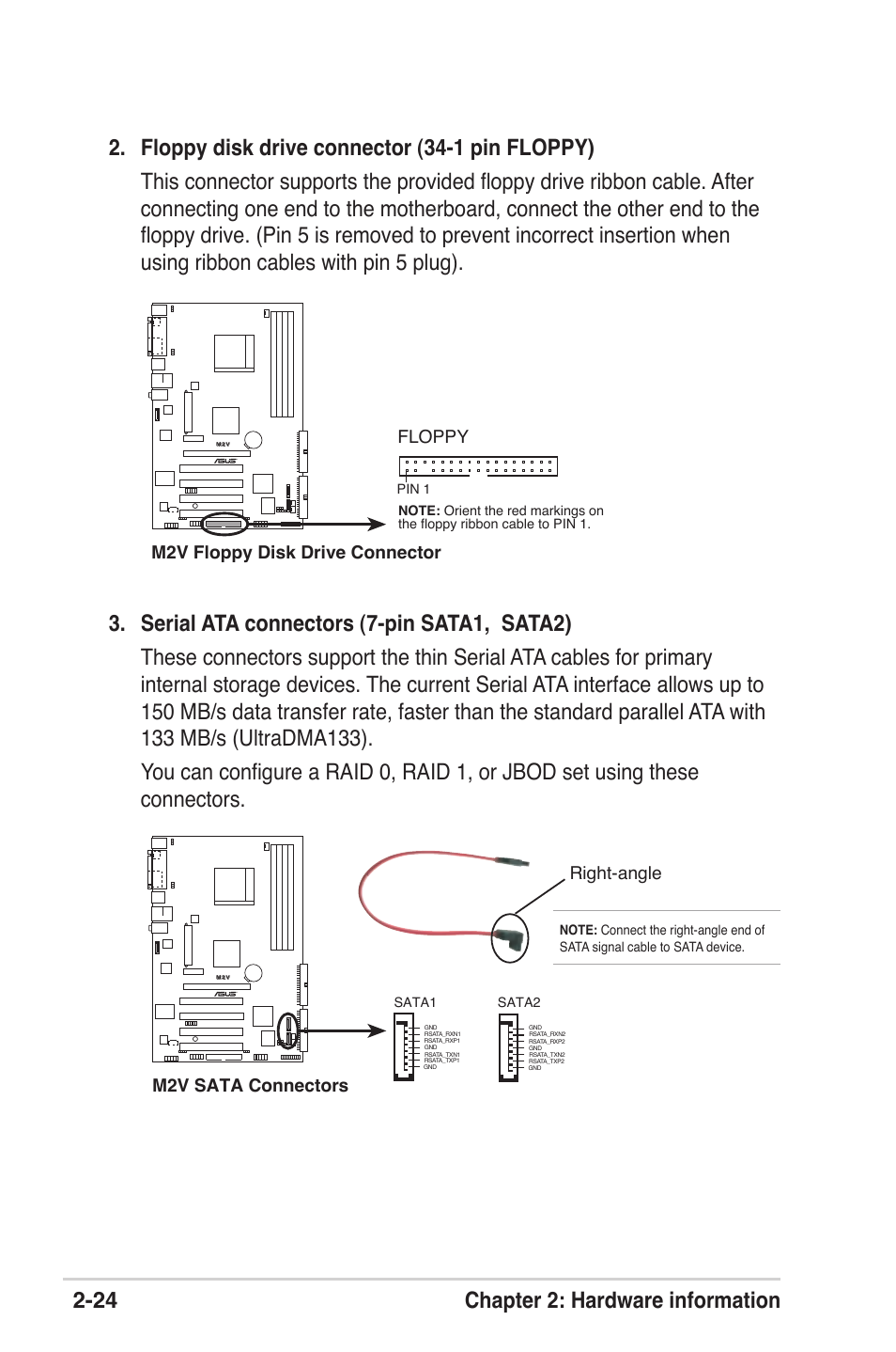 M2v floppy disk drive connector, Floppy, M2v sata connectors | Right-angle | Asus M2V User Manual | Page 46 / 118