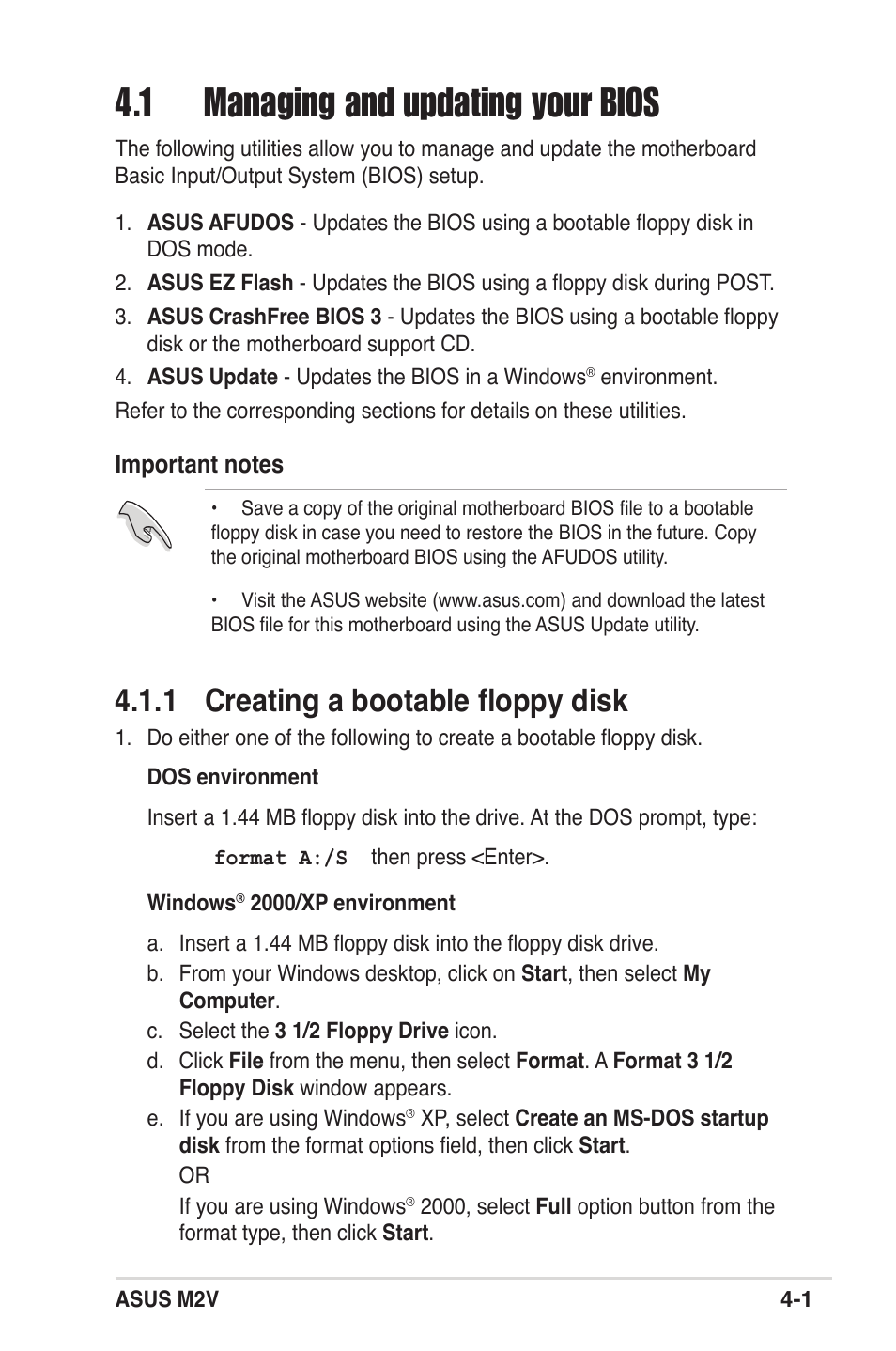 1 managing and updating your bios, 1 creating a bootable floppy disk | Asus M2V User Manual | Page 59 / 118