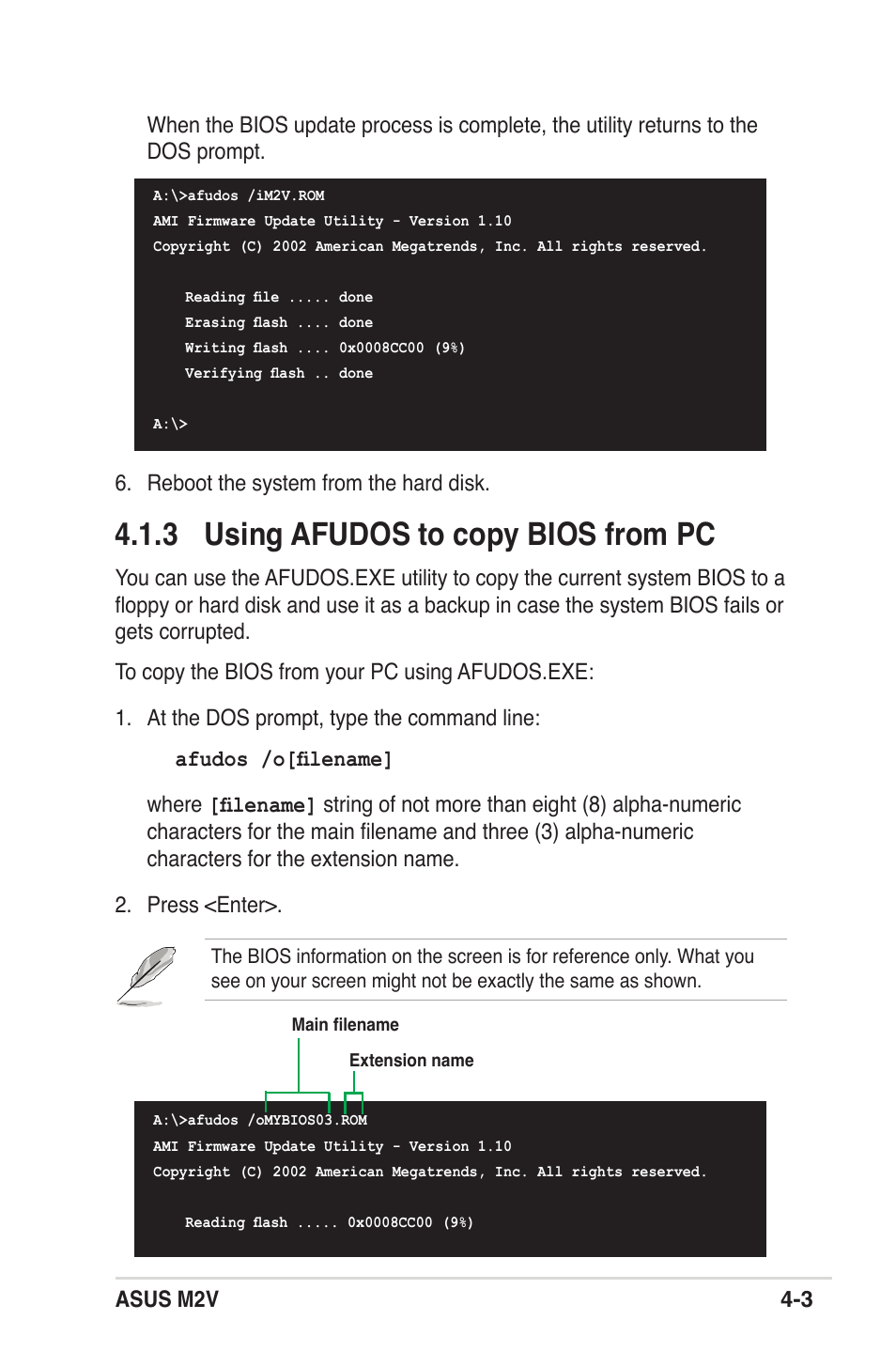 3 using afudos to copy bios from pc, Reboot the system from the hard disk | Asus M2V User Manual | Page 61 / 118