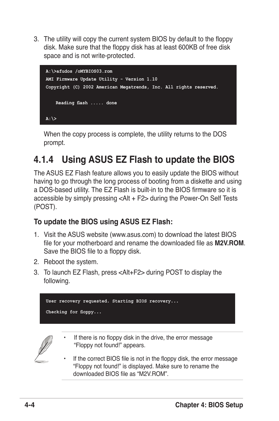 4 using asus ez flash to update the bios | Asus M2V User Manual | Page 62 / 118