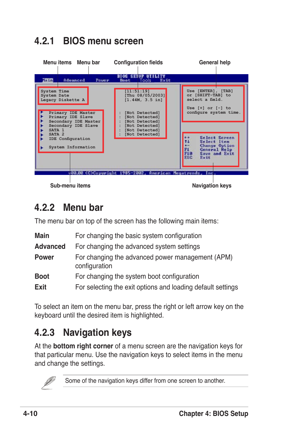 2 menu bar, 1 bios menu screen, 3 navigation keys | 10 chapter 4: bios setup | Asus M2V User Manual | Page 68 / 118