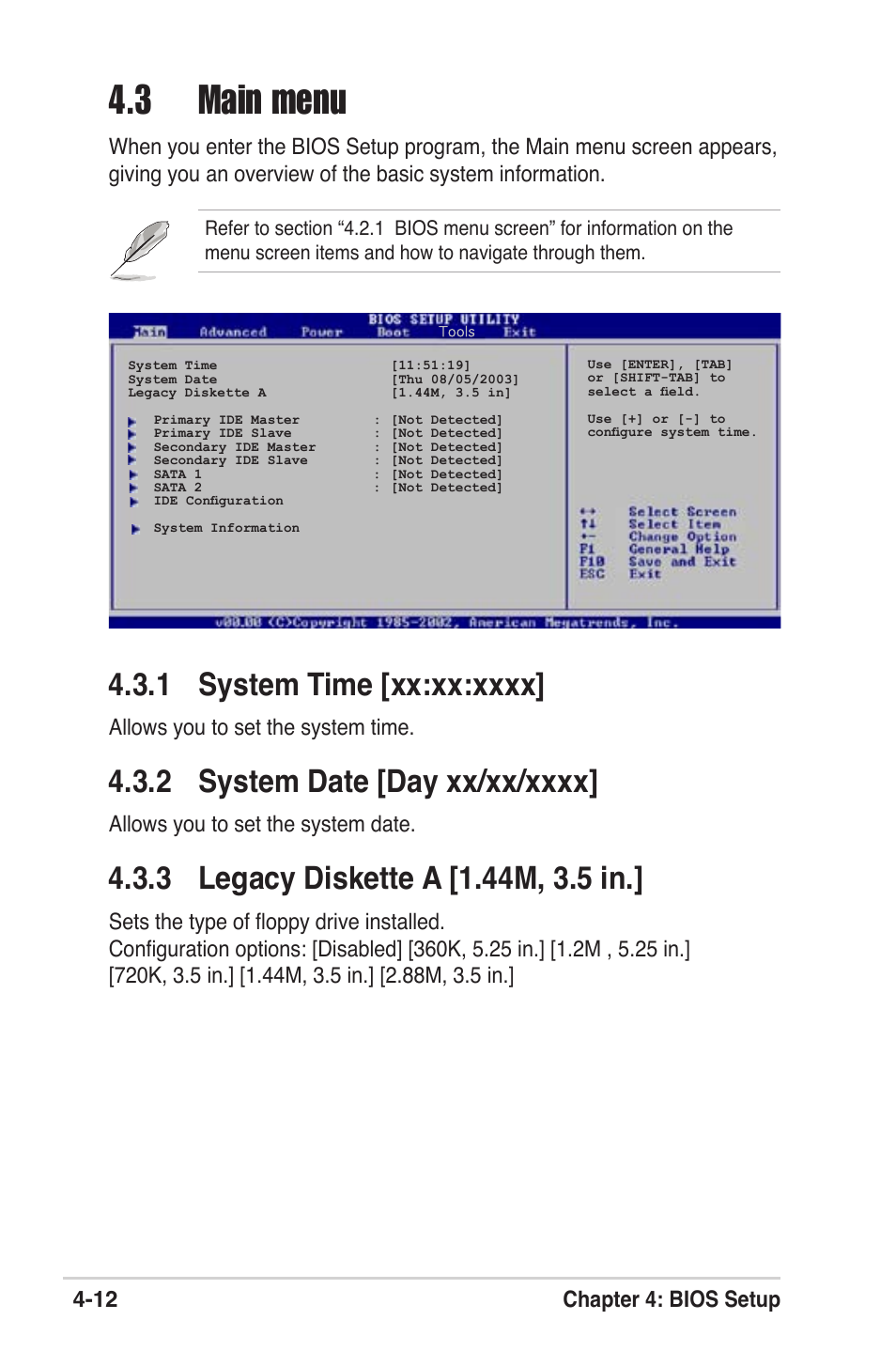 3 main menu, 12 chapter 4: bios setup, Allows you to set the system time | Allows you to set the system date | Asus M2V User Manual | Page 70 / 118